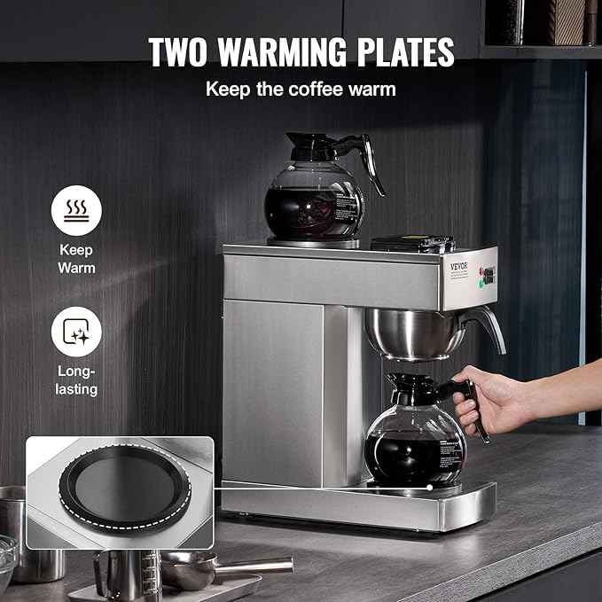 VEVOR 12 Cups Commercial Drip Coffee Maker, Coffee Maker Machine with 2 Glass Carafes and 2 Warmer Plates, Stainless Steel Pour Over Coffee Brewer for Restaurant, Office, Cafe