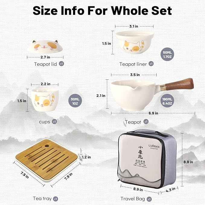 LURRIER Porcelain Chinese Gongfu Tea Set,Portable Teapot Set with 360 Rotation Tea maker and Infuser,Portable All in One Gift Bag for Travel,Home,Gifting,Outdoor and Office (Kitty Cat)
