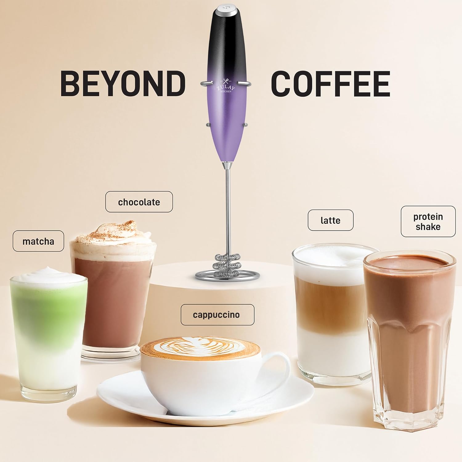Zulay Kitchen Patented Tornado Triple Whisk Milk Frother with 4 Duracell Batteries – Handheld Foam Maker for Coffee, Lattes, Matcha & Hot Chocolate – Rich, Creamy Froth in Seconds