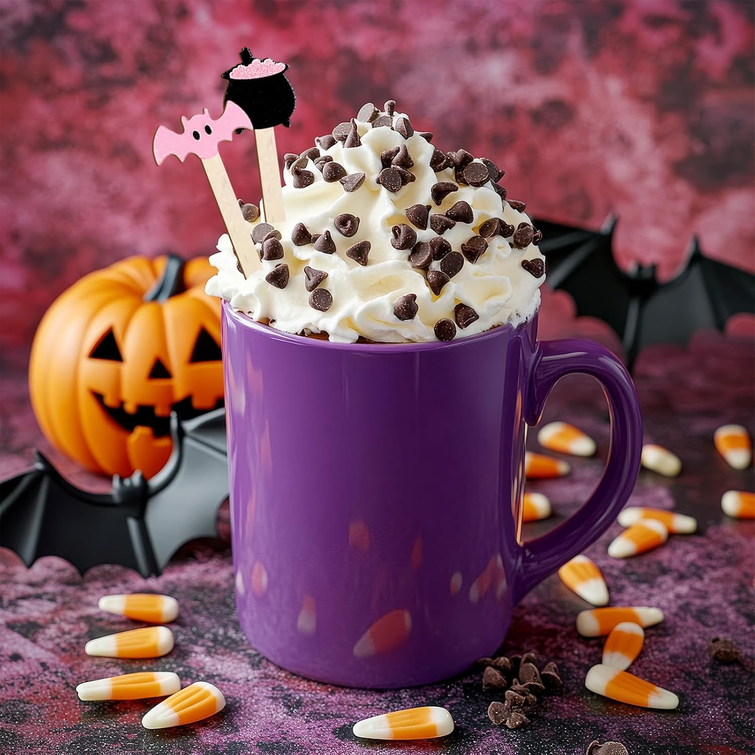 120Pcs Halloween Coffee Stirrers Disposable Pink Black Ghost Bat Cat Pumpkin Stir Sticks Wooden Drink Stirrer for Hot Chocolate Milkshake Restaurant Home Office