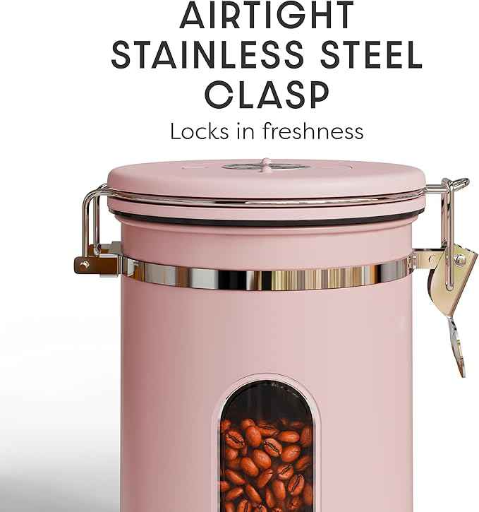 Veken Coffee Canister with Window, Easter Gifts Airtight Stainless Steel Container with Lids, Home Kitchen Food Storage Jars for Grounds, Beans, Tea, Flour, Cereal, Sugar, Basket, Scoop, 22OZ, Pink