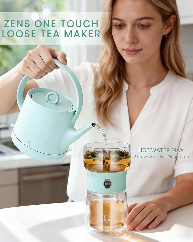 ZENS Modern Glass infuser Teapot, Small One Touch Tea Maker for Loose Tea Diffusers with 200ml Insulated Cup and Blue Portable Carry Case, Magic Gongfu Tea Pot for Tea Lovers Gifts