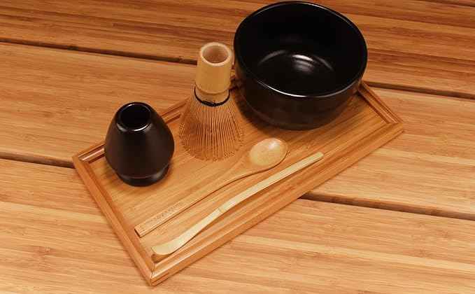BambooMN Brand - Matcha Bowl Set (Includes Bowl, Rest,Tea Whisk, Chasaku, Tea Spoon & Tray) 1 Set Black