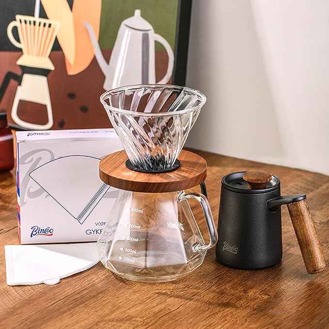Bincoo Pour Over Coffee Maker Set - Borosilicate Glass Dripper with Walnut Handle & Glass Lid, 50 pcs Paper Filters Included - 600ml Pour Over Coffee Dripper for Home, Café, & Camping (Dark Gray)