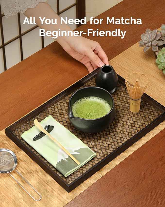 Maestri House Matcha Whisk Set, 7-Pc Complete Matcha Kit with Spouted Ceramic Bowl, Bamboo Whisk and Holder, Scoop, Spoon Rest & Sifter, Tea Cloth – Ideal Gift for Matcha Lovers (Black Stone)