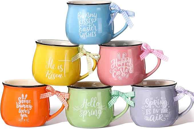 Sawysine Easter Mugs Set of 6, 12 oz Gift Drinking Mugs for Hot Cocoa Coffee Milk Tea Party Cups for Kids Spring Holiday Gift (Easter Style)