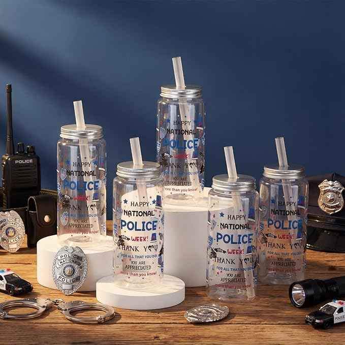 Vesici 24 Pcs National Police Week Appreciation Gift 14.2oz Thank You Gifts Lid and Straw Plastic Reusable Tumbler Bulk Inspirational Gifts Cold Drinking Cup for Police Week Party Favors