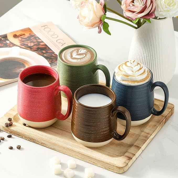 Hasense 15 Ounce Porcelain Coffee Mugs Set of 4 with Large Handle Perfect for Coffee, Tea, Milk, Chocolate and Latte, Unqiue Glaze Ceramic Coffee Cups Set for Man and Woman, Colorful