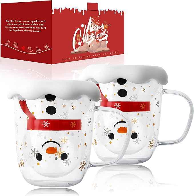 LIBWYS 2pcs Snowman Christmas Mugs, 13 oz Double Walled Coffee Mugs with Snowflake Lid, Heat Resistant mugs set for Hot Cocoa and Latte, Christmas Gift for Family, Friend