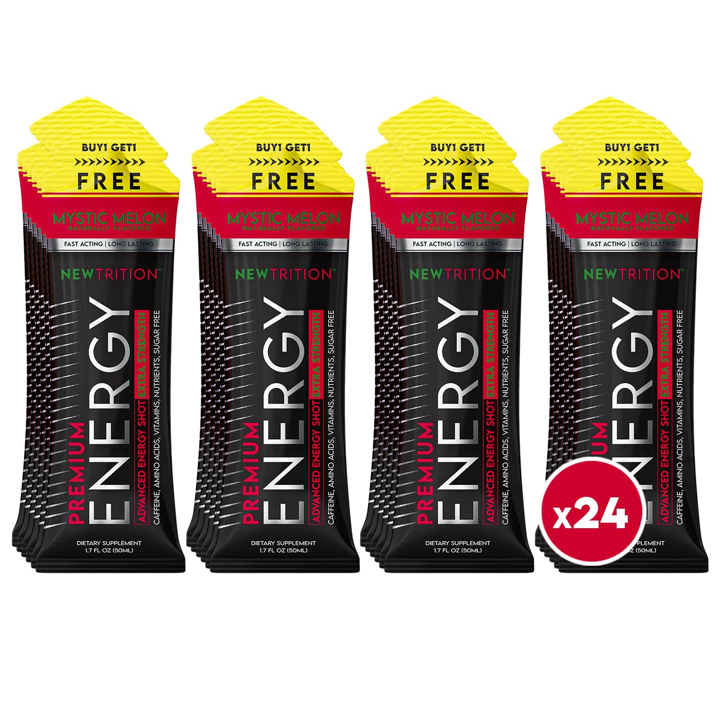 NewTrition® Extra Strength Energy Shots, 250mg Caffeine Energy Shots with Vitamin B & Amino Acids, Sugar-Free Vitamin Energy Shot, 1.7 fl oz (Pack of 24, Mystic Melon)