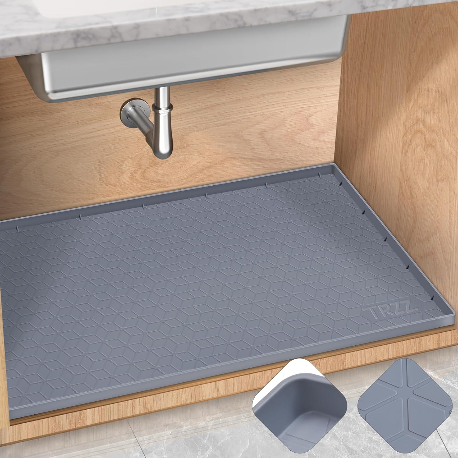 TRZZ Silicone Waterproof Under Sink Mat 28" x 22", Drip Tray and Cabinet Liner for Kitchen and Bathroom, Prevents Water Damage and Organizes Cabinets (Grey)