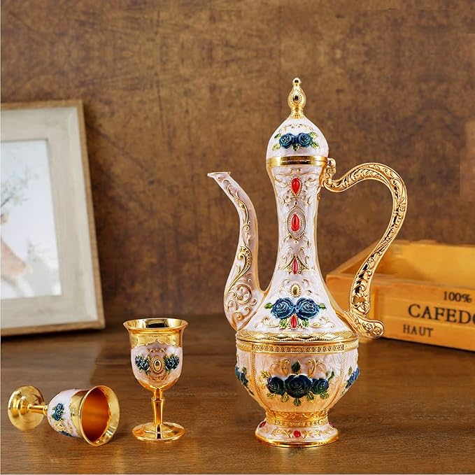 Turkish Coffee Cup and Tea Pot Set Including Teapot,Tea Tray,6 Metal Cups,Tea Service Set for Tea Table Decor,Hip Flask (Blue Flower)