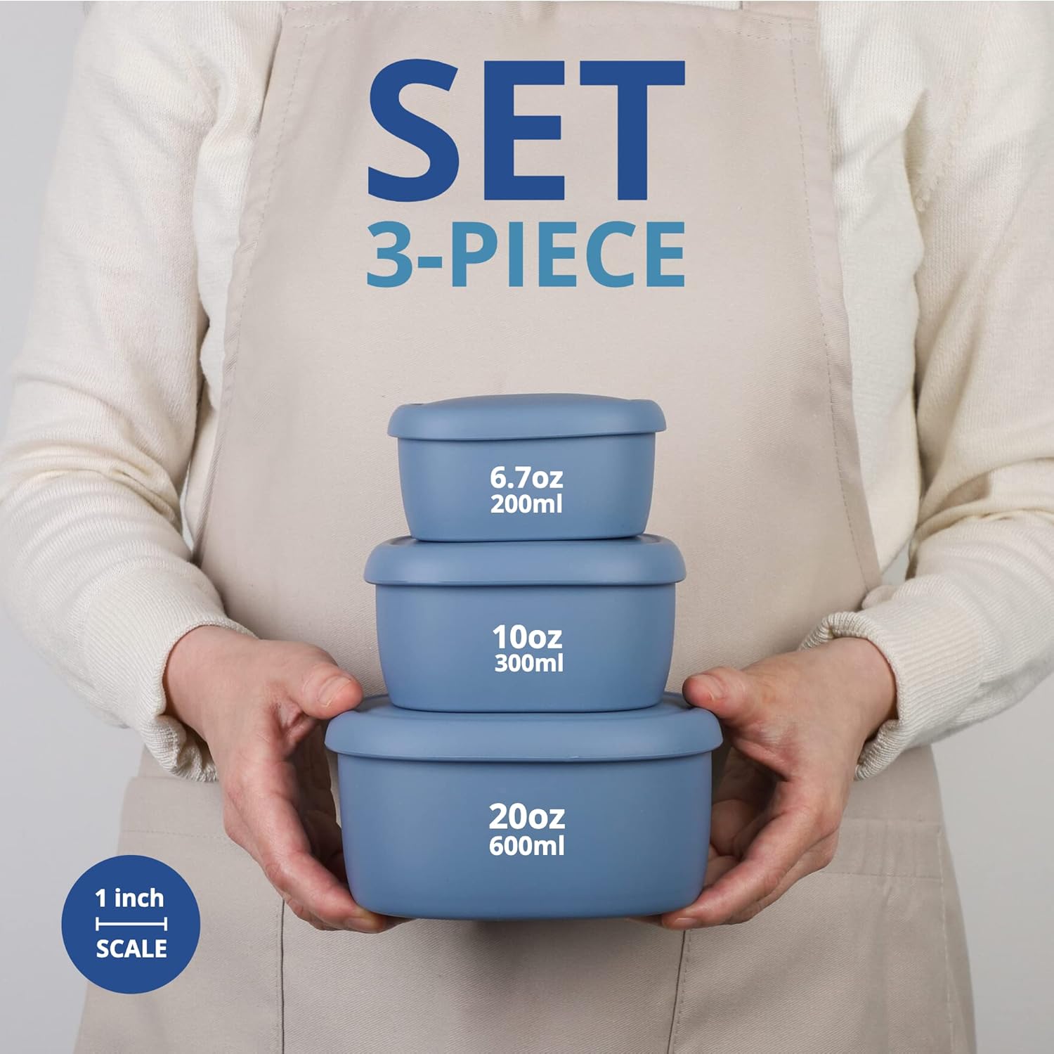 BLUE GINKGO Nesting Silicone Containers - Set of 3 Hard-Shell Silicone Food Storage Containers | BPA Free, Airtight, Dishwasher and Freezer Safe (6.7oz, 10oz, 20oz) - Blue - Blissbrew