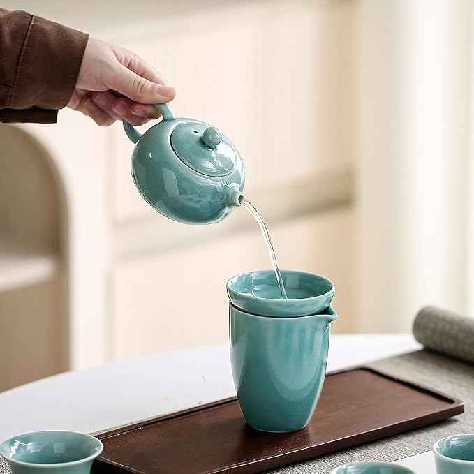 Chinese Tea Set, 10-Piece Ceramic Set with Teapot and Cups, Gongfu Tea Set,Tea Gift Sets,Outdoor and Office (Ge Kiln Green)
