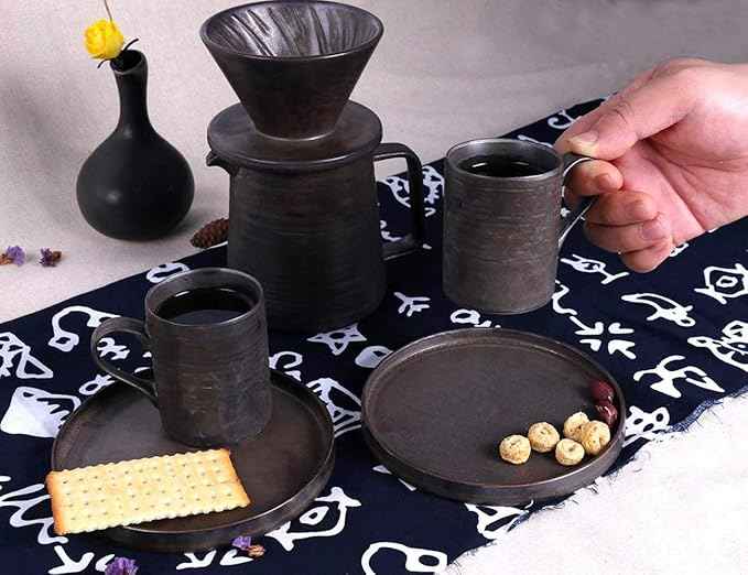 Handmade Stoneware Pour Over Drip Coffee Maker & Cups Set, Coffee Brewer Dripper Cone Filter, Coffee Decanter & Espresso Cups & Saucers Gift Set, Annular Veins Retro Metallic Glazed,16oz