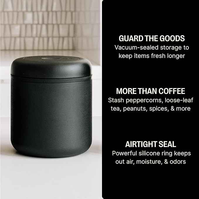 Fellow Atmos Vacuum Coffee Canister & Food Storage Container - 0.7 Liter Canister holds up to 11 oz of Coffee Beans - Airtight Food Storage Containers - Coffee Containers - 0.7 Liter - Matte Black