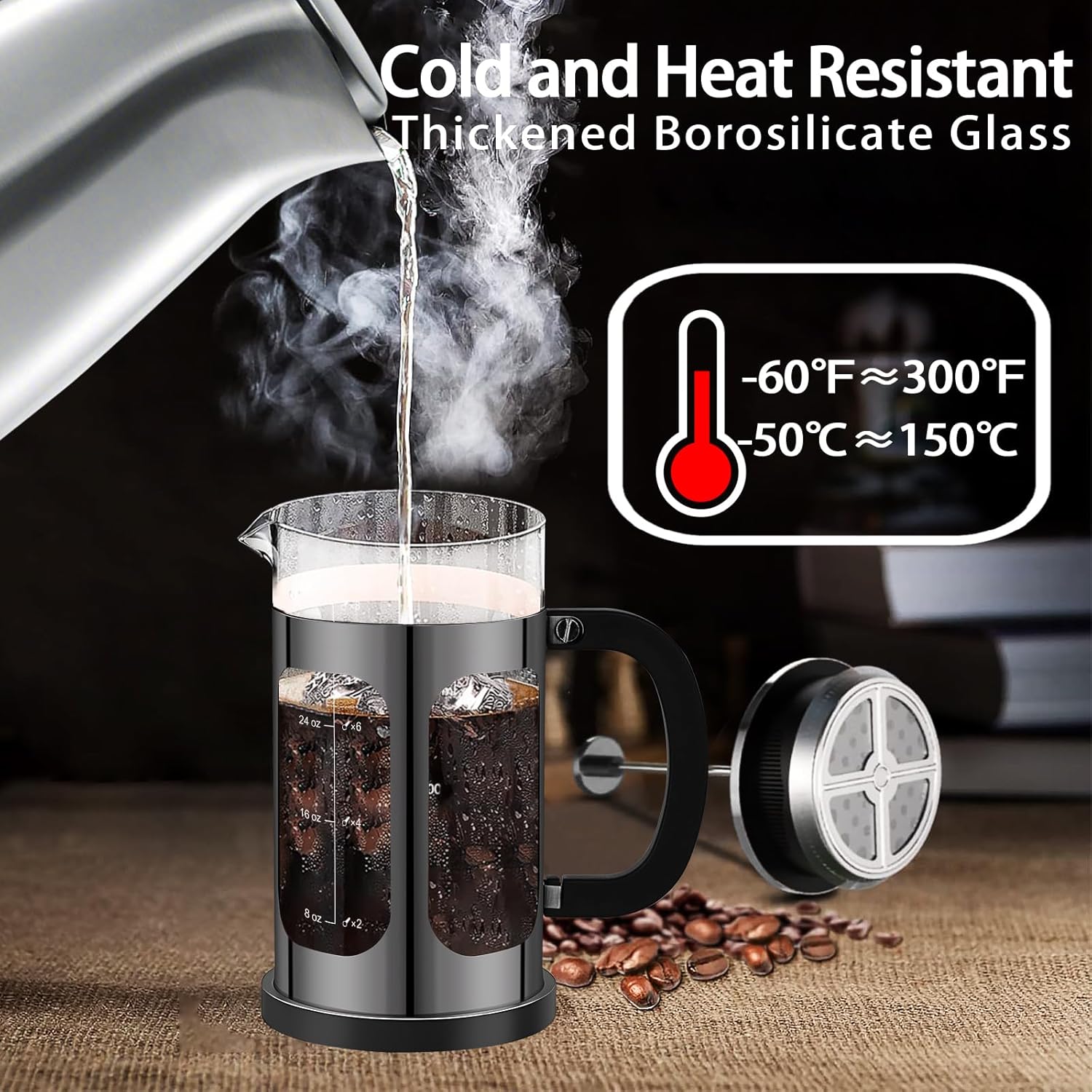 French Press Coffee Maker (34oz 1Quart 5-6Cup) Coffee Press, with 4 Filters System, Heat Resistant Thickness Borosilicate Glass, Cold Brew Coffee Tea Pot Gifts (Bright Black) - Blissbrew