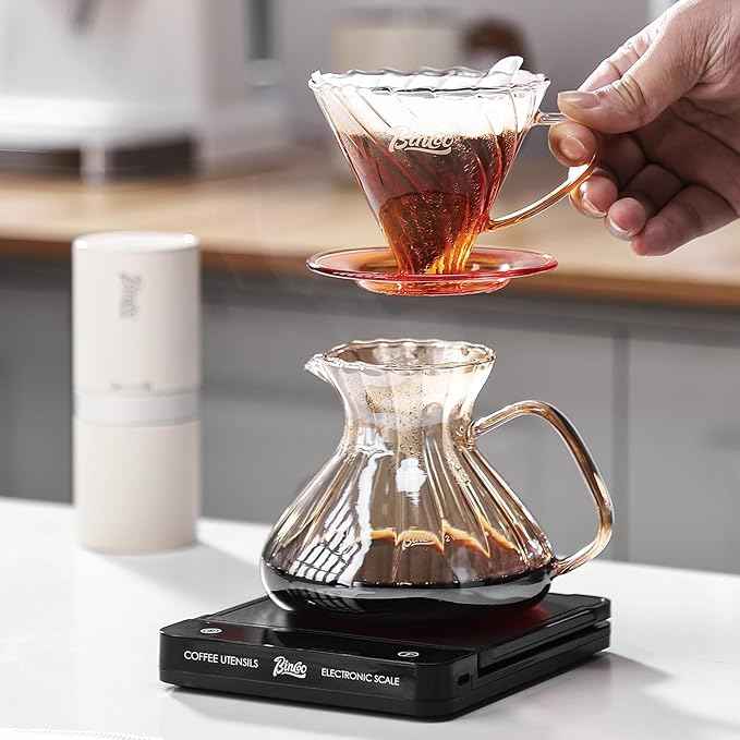 Bincoo Pour Over Coffee Maker Set,650ML Borosilicate Glass Carafe with Coffee Driper&50pcs Paper Filter,Glass Coffee Maker for Home Café Restaurant(Champagne)