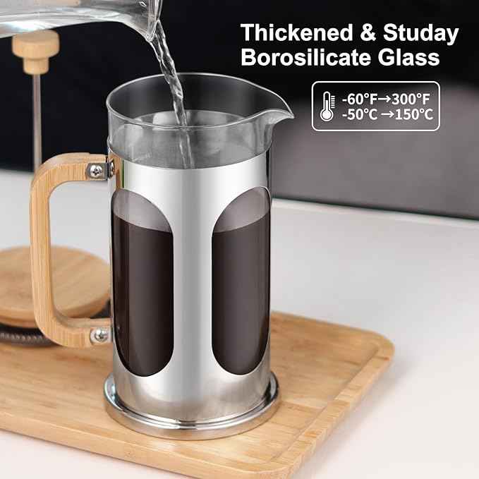 Sivaphe No-Plastic French Press Coffee Maker 34 oz, Borosilicate Glass Bamboo Lid and Handle Coffee Tea Press 8 cup, 1000ml Coffee Milk Forther with Stainless Steel Holder and Resuable Filters