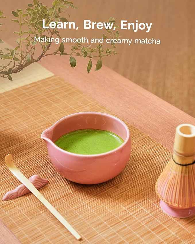 Maestri House Pink Matcha Whisk Set, 7-Pc Complete Matcha Kit with Spouted Ceramic Bowl, Bamboo Whisk and Holder, Scoop, Spoon Rest & Sifter, Tea Cloth – Ideal Gift for Matcha Lovers (Pink)