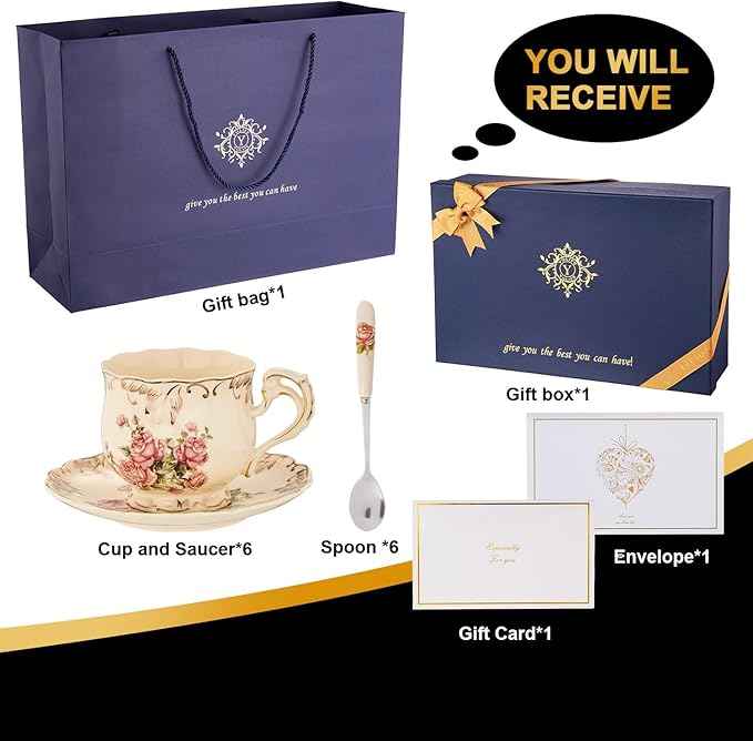 YOLIFE 8 OZ Tea Cups and Saucers Set of 6, Ivory Porcelain Tea Cups Set with Stand, Rose with Gold Leaves Trim Design, Gift for Women (Includes Gift Box, Tote Bag, Greeting Card)