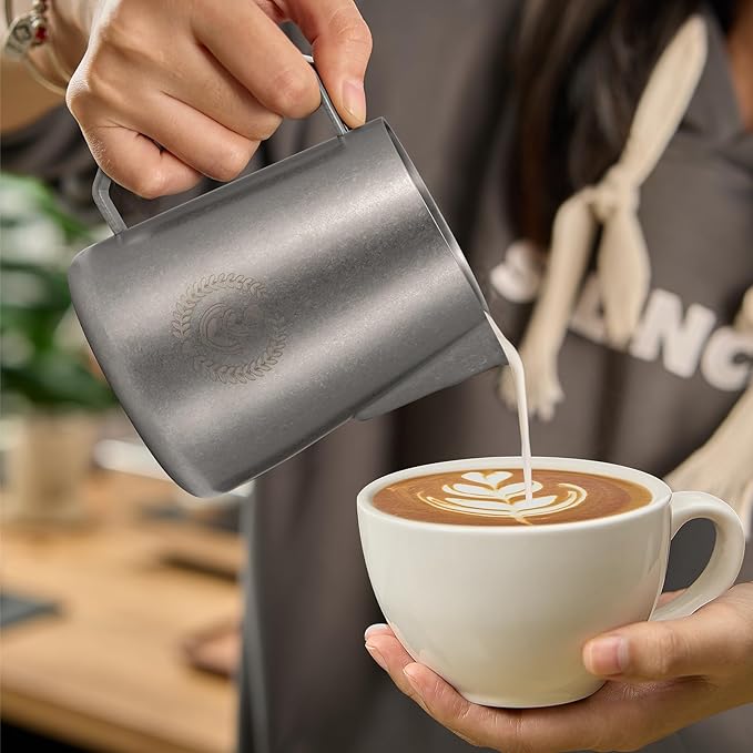 Milk Frothing Pitcher - 15.4oz/450ml Barista Milk Frother Cup, Precise Spout for Latte Art, 304 Stainless Steel Milk Steamer Pitcher with Ergonomic Handle, Vintage Distressed Silver