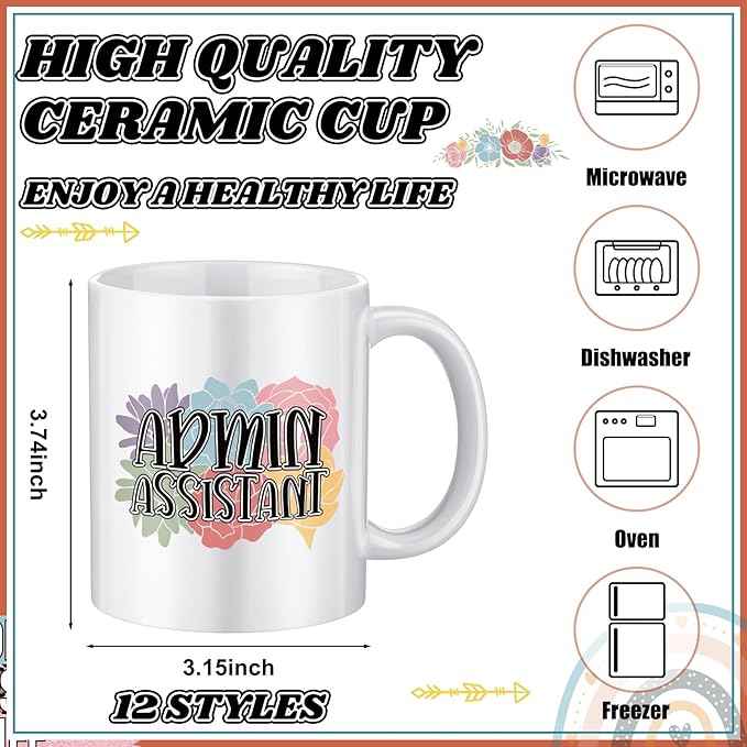 12 Pcs Administrative Professional Day Mug Bulk Thank You Gifts 11oz Ceramic Mug Cup for Coffee Tea Milk Latte Hot Chocolate Social Worker Support Help Care