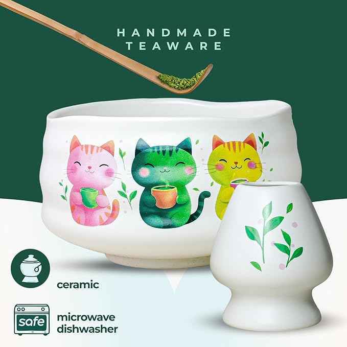 Matcha Gift Set 6 Pcs – Ceramic Bowl, Bamboo Whisk, Whisk Holder, Scoop, Sifter & Cloth – Traditional Japanese Set for Green Tea by Aprika Matcha (White with Cats)