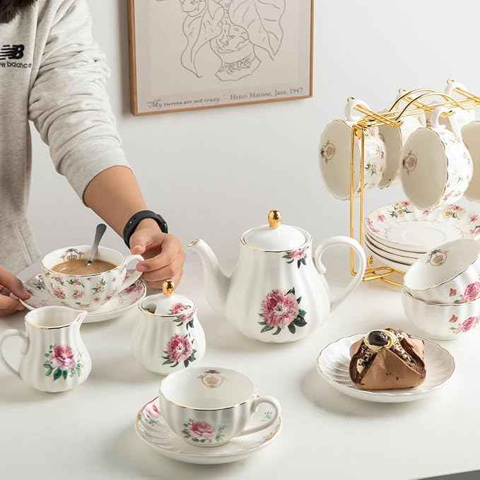 Sweejar Porcelain Tea Sets British Royal Series, 8 OZ Cups & Saucer Service for 6, with Teapot Sugar Bowl Cream Pitcher Teaspoons and Tea Strainer, Suitable for High Tea, Wedding, Party