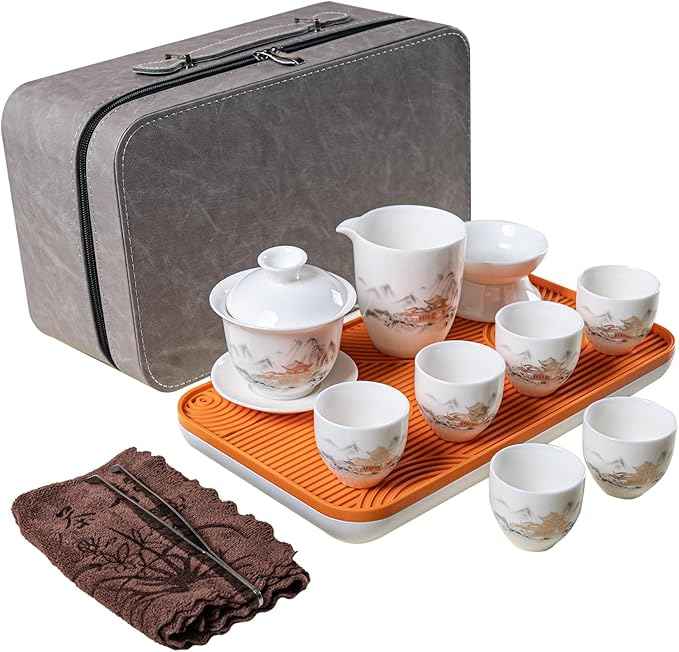 KEYDUACU Gaiwan Chinese Gongfu Tea Set，Asian Adult White Ceramic Tea Set, 6 Cups Suitable for Small Gatherings, Home, Office and Travelling, Gift Giving(Travel-House)