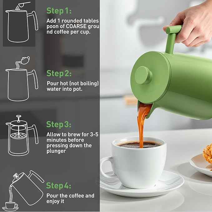 Secura 50oz French Press Coffee Maker – 304 Stainless Steel, Insulated Coffee Press with Extra Filter, Green