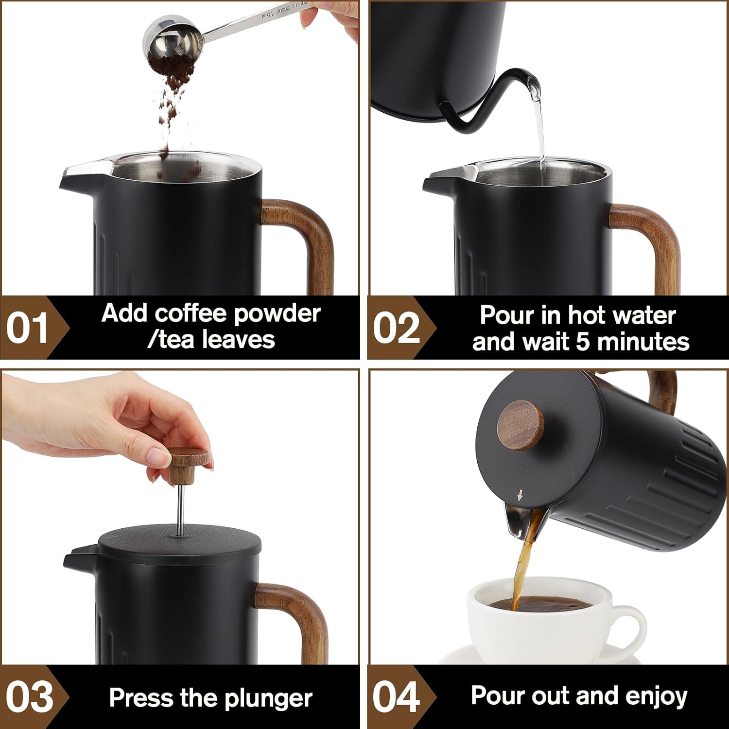 Rorence 34oz French Press Coffee Maker, Coffee Press with Real Wood Handle & Plunger Head, Double Wall Insulation & Dual-Filter Screen, incl. replaced filters & instructions, Black - Blissbrew