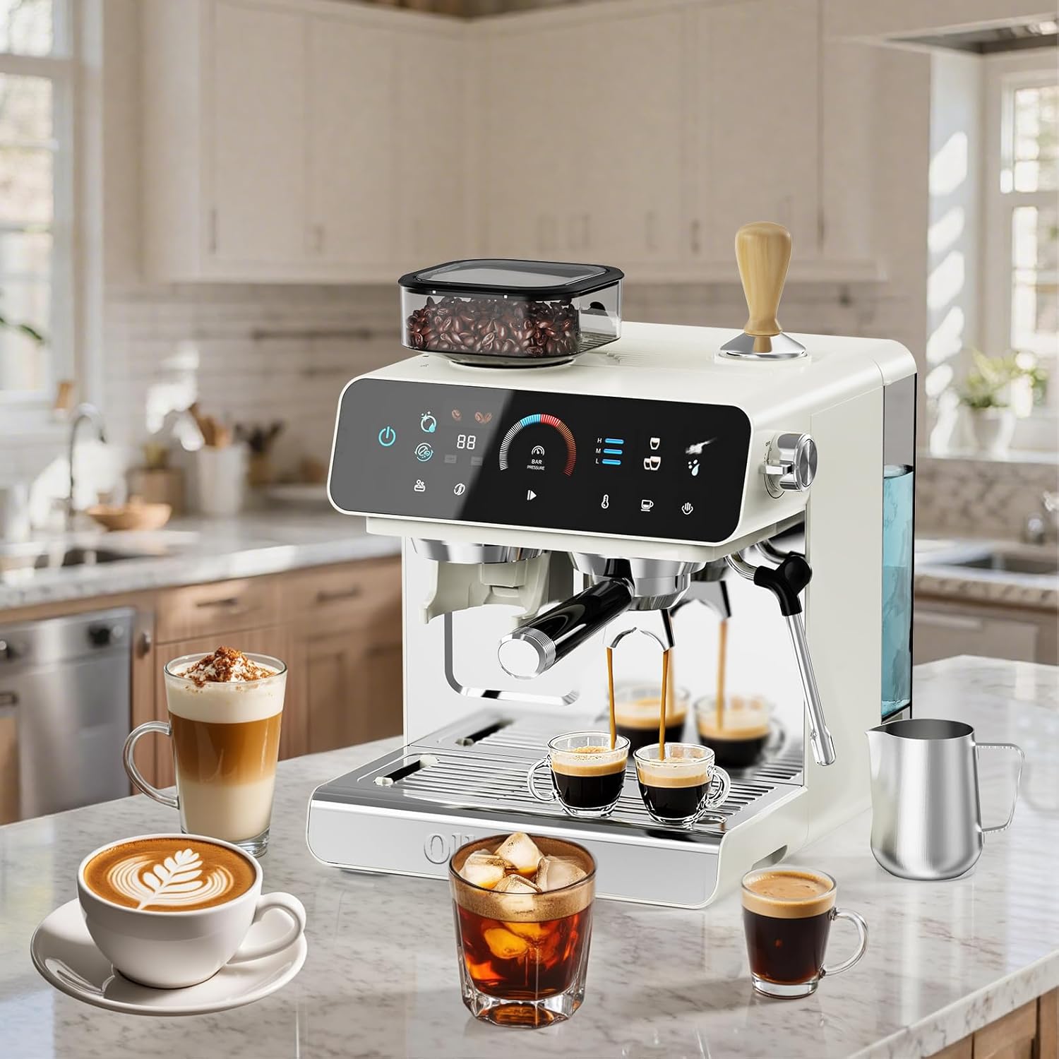 Espresso Machine with Grinder, 20 Bar Professional Espresso Maker with 19 Grind Sizes, Coffee Machine with Milk Frother, 2.8L Removable Water Tank for Latte & Cappuccino - Blissbrew