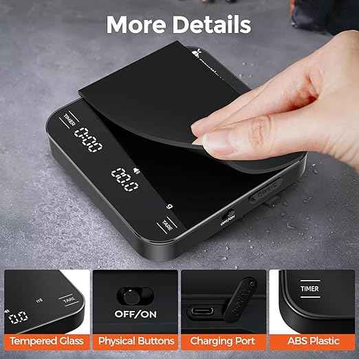 Rechargeable Mini Coffee Scale with Timer, 2kg/0.1g Precision Espresso Scale, Portable Digital Coffee Scale w/ 4 Modes for Espresso and Pour-Over Coffee (Black)