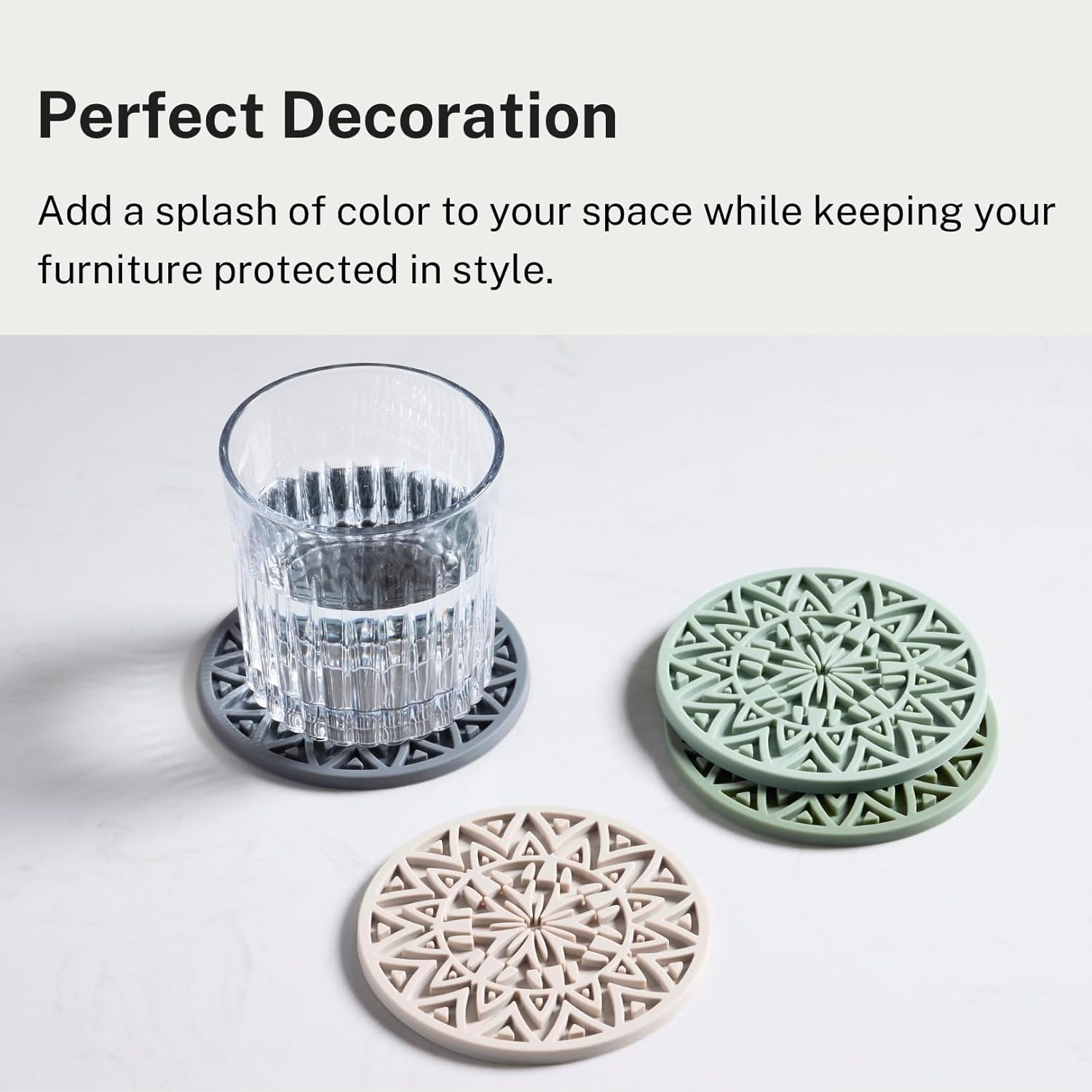 Set of 6 Light Taupe Silicone Coasters with Holder, Drink Coasters with Tribal Pattern Shape- for Table Protection, Anti Slip, Nonstick, Heat Resistant, Deep Tray