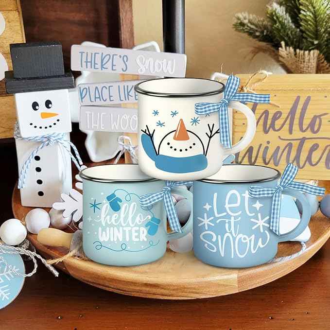 Hello Winter Snowman Mini Coffee Mug Set of 3, Let It Snow Glove Snowflake 5 oz Mini Coffee Cups Tiered Tray Decor, Blue Christmas Holiday Kitchen Coffee Bar Decorations Housewarming Gift