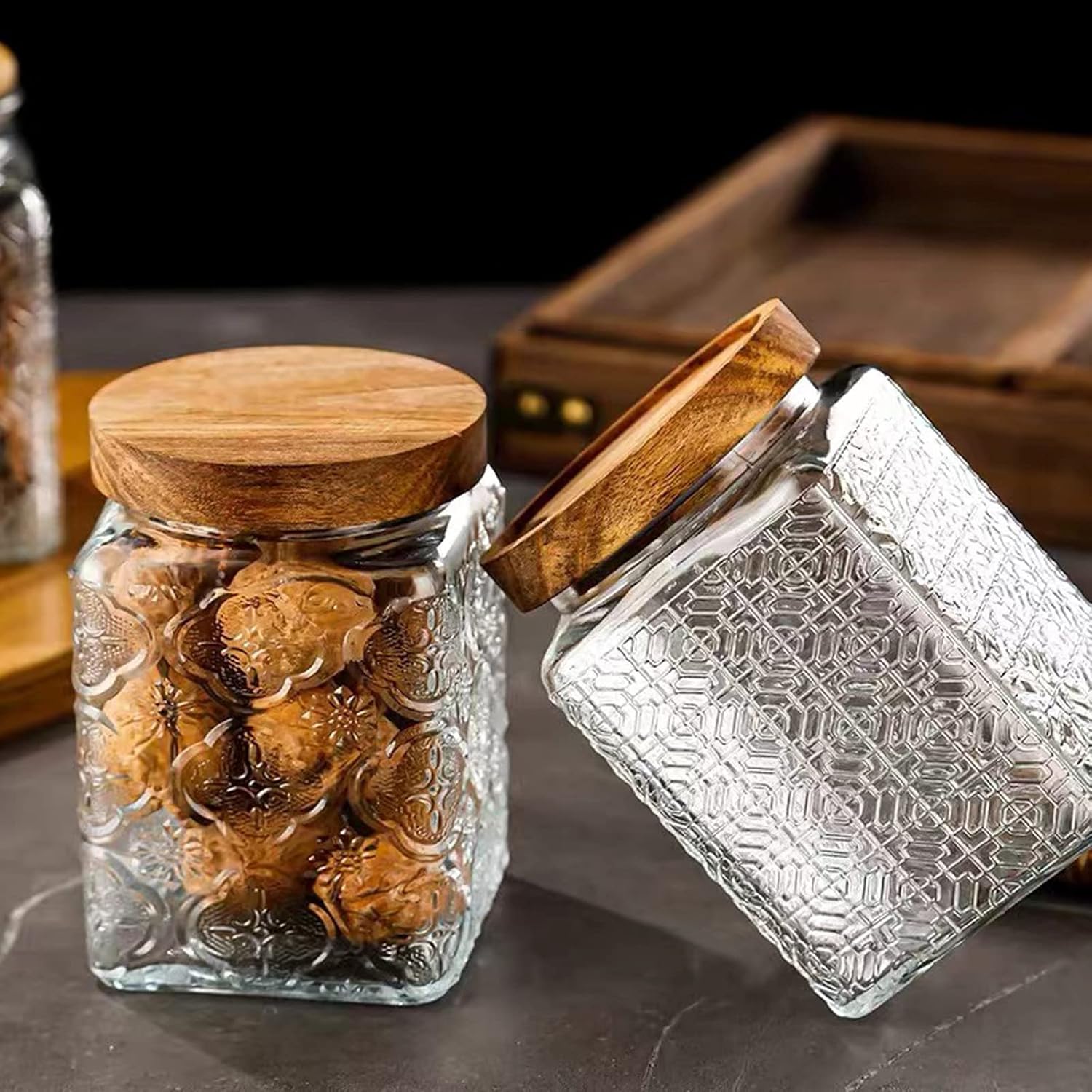 Snminetal Vintage Glass Airtight Storage Jar Set of 2, With Airtight Wood Lid, Kitchen Food Storage Containers,Suitable for storage Tea leaves,Coffee Beans,dried fruits, cereals, etc(Plum pattern)