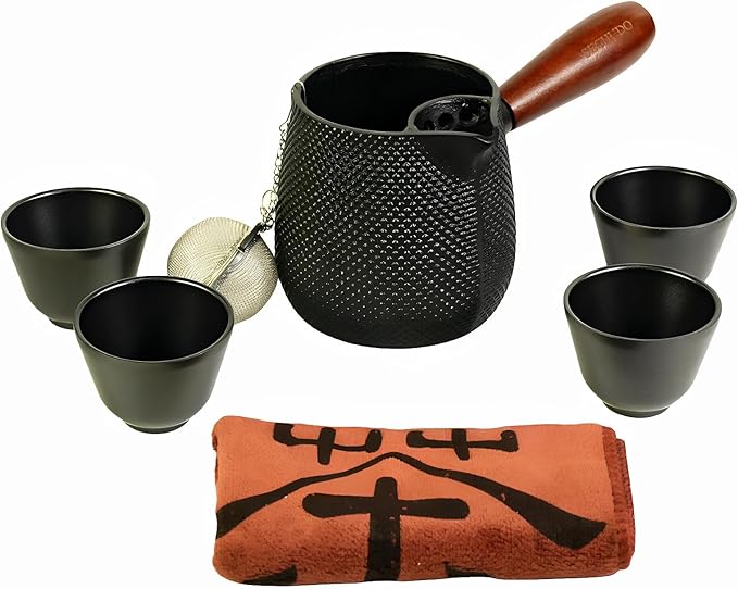 Small Cast Iron Teapot, Japanese Tea Kettle without Lid, 20.3 fl oz Tea Set with Stainless Steel Teacups, Tea Ball for Loose Leaf, Wooden Side-handle Tea Pot for Stovetop Safe(600ml)