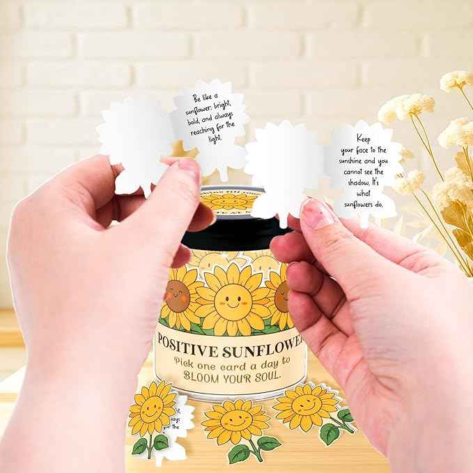 Positive Sunflower Jar with 60 Daily Affirmation Cards, Emotional Support Sunflower Gift, Sunflower Decor, Sunflower Gifts for Women, Birthday or Get Well Gifts
