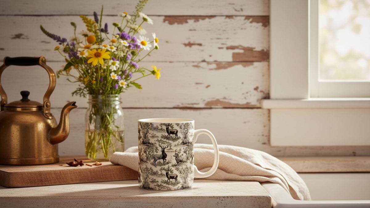 18 oz deer toile mug, oven, microwave and dishwasher safe