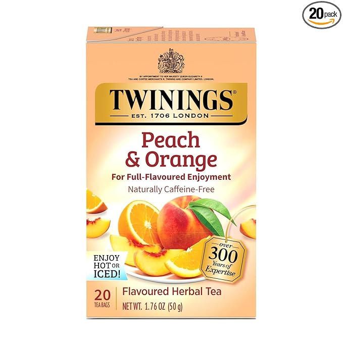 Twinings Peach & Orange Herbal Tea Individually Wrapped Bags, 20 Count (Pack of 1), Juicy & Fruity, Naturally Caffeine-Free, Enjoy Hot or Iced