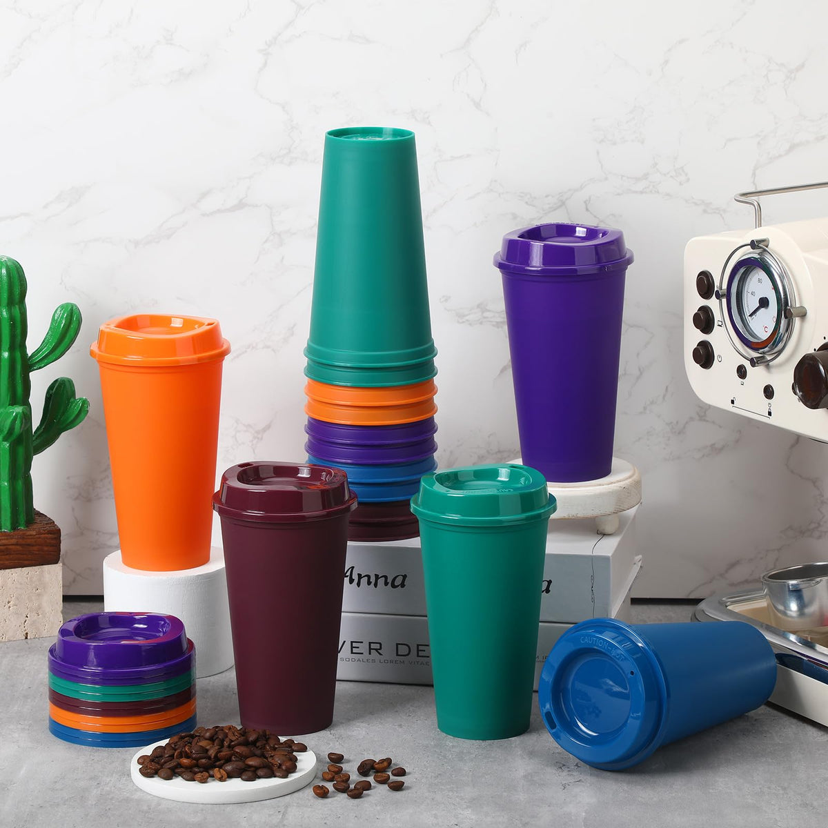 Stack of reusable plastic cups in assorted colors