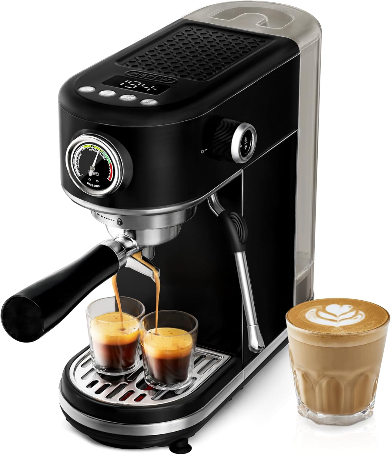 HIBREW H10B - 51mm Espresso Machine - Temperature & Cup Volume Adjustable at will - With Intelligent Display Screen & Pressure Gauge - Stainless Steel Body (Black) - Blissbrew