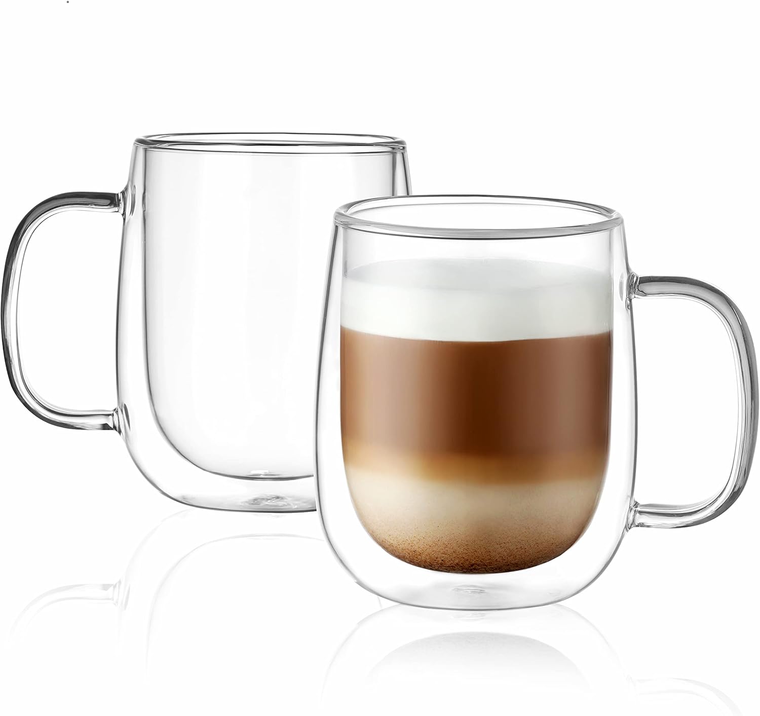 CNGLASS Glass Coffee Mugs 12oz,Double Wall Insulated Mug Set with Handle,Clear Glass Espresso Mugs for Latte,Cappuccino,Tea Bag,Hot and Cold Beverages,Set of 2
