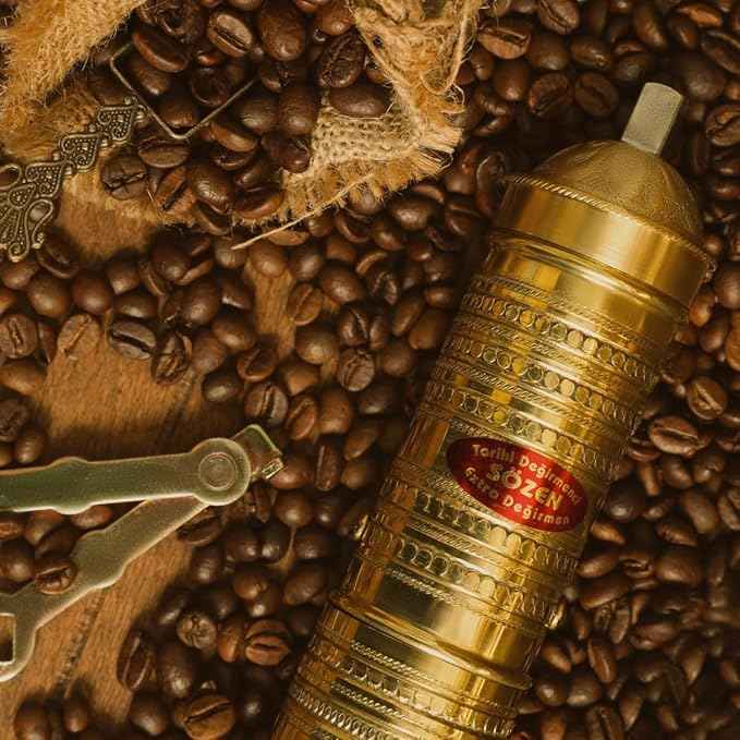 Sozen Hammered 9" Manual Coffee Grinder Brass – Hand Crank Burr Mill for Turkish Coffee, French Press, Espresso, Camping & Home Use – Portable Coffee Bean Grinder, Adjustable Conical Grinder