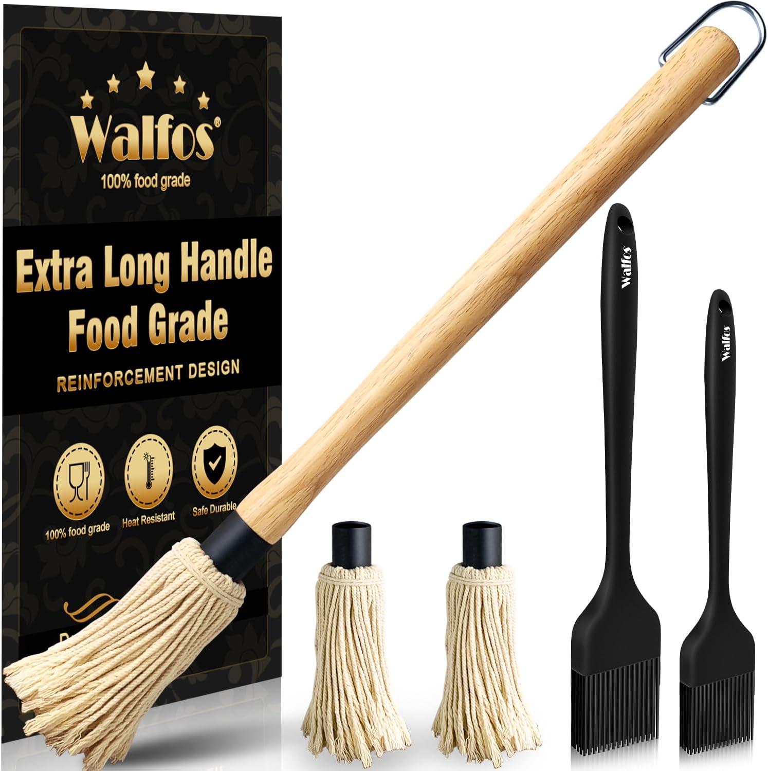 Walfos Basting Brush Silicone and BBQ Mop, Grill Basting Mop with 3 Heads and 2Pcs Pastry Brushes, Wooden Long Handle, Heat Resistant for Grilling, Smoking Steak, Kitchen Cooking (18