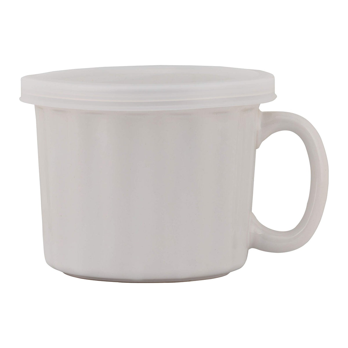White stoneware mug with silicone lid for meal prep