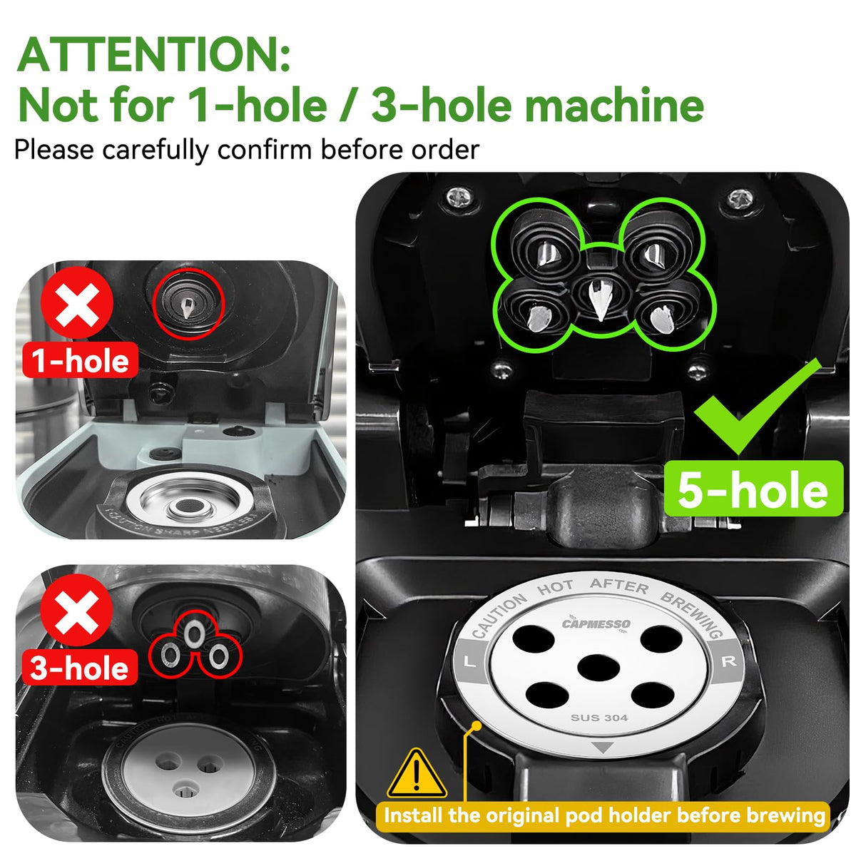 Refillable 5-hole coffee pod in silver stainless steel