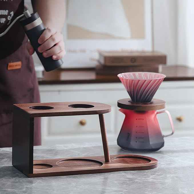 Bincoo Pour Over Coffee Maker Set - Borosilicate Glass Dripper with Walnut Handle & Glass Lid, 50 pcs Paper Filters Included