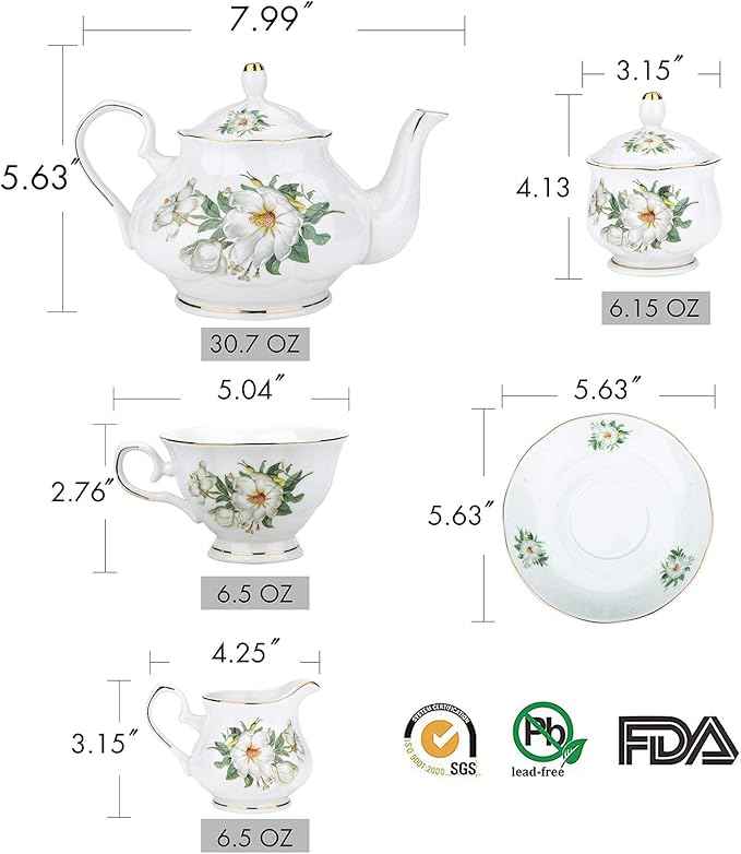 CHENP.HMC Porcelain Tea Set Tea Cup Set 22-Piece Porcelain Ceramic Coffee Tea Gift Sets Cups Saucer Service for 6 Teapot Sugar Bowl Creamer Pitcher and Teaspoons tea pot sets(Camellia)